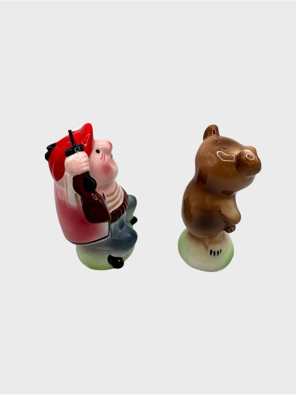 Vintage Enesco Hunter and Bear Shakers